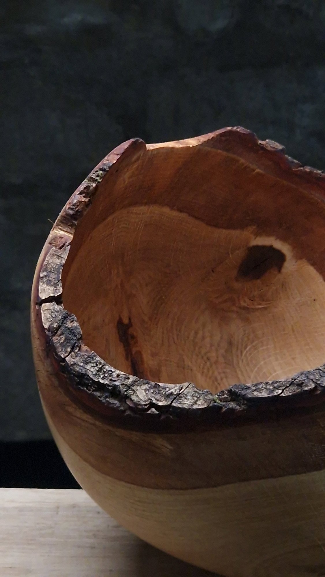 large oak live edge vessel close up detail