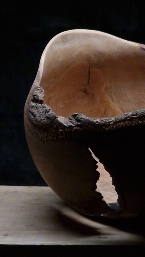 oak vessel display piece close up detail