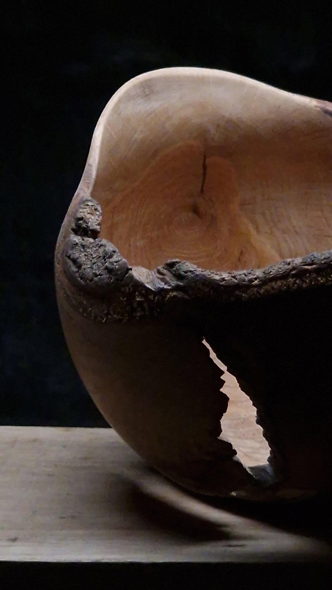 oak vessel display piece close up detail